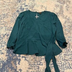 Blue Peplum Tie Front 3/4 Sleeve Blouse